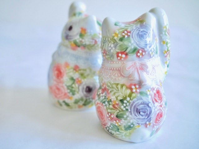 3号招猫　下絵イッチン華盛　下野邦子　マルヨネ陶幸 maruyone