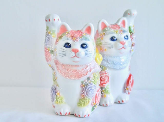 4号招猫　下絵イッチン華盛　下野邦子　マルヨネ陶幸 maruyone