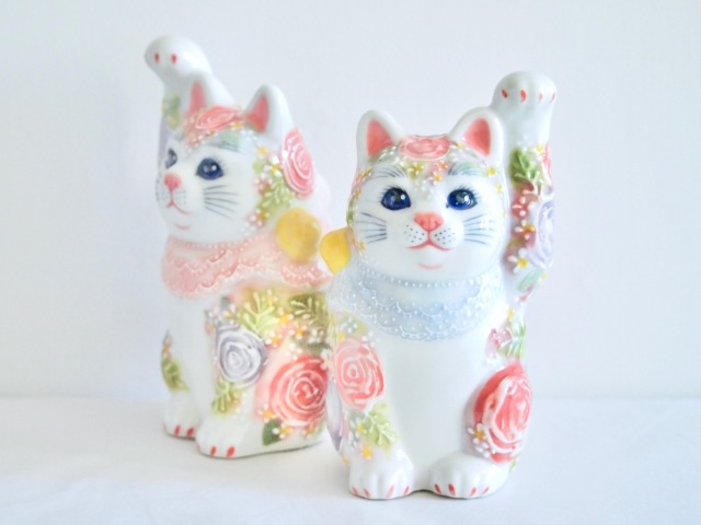 4号招猫　下絵イッチン華盛　下野邦子　マルヨネ陶幸 maruyone