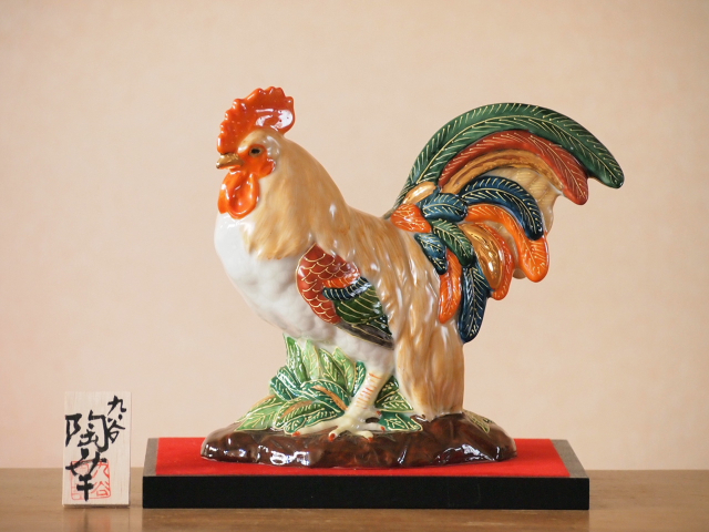 7号岩乗り酉 金彩盛 陶幸 化粧箱 台 立札付/九谷焼 マルヨネ 干支丁酉